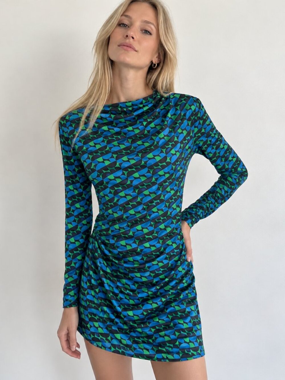Zara Blue Green Geometric Ruched Bodycon Mini Dress Long Sleeve M